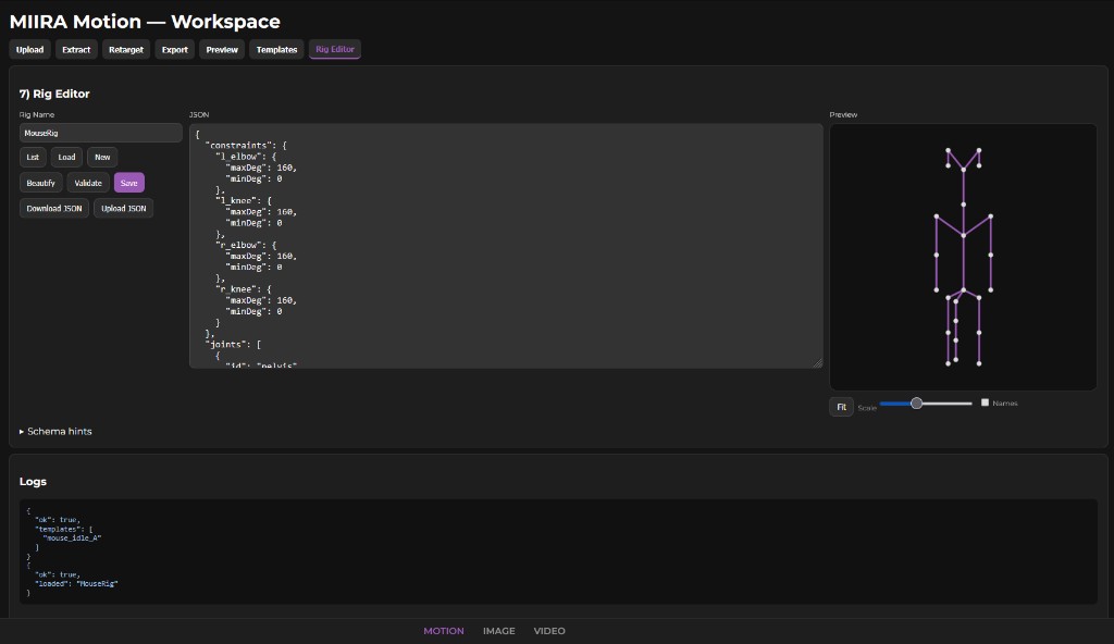 MIIRA Motion workspace showing the rig editor interface